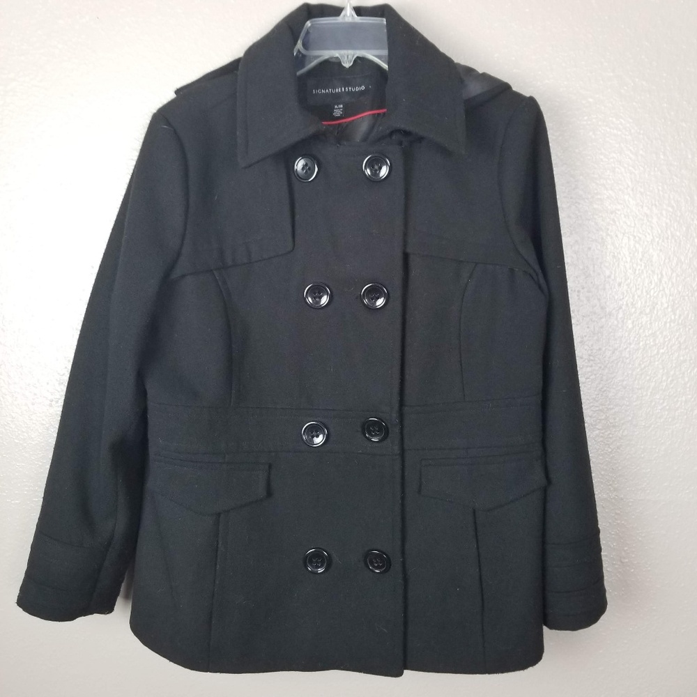 Signature Studio Black Double Breasted Hooded Coat